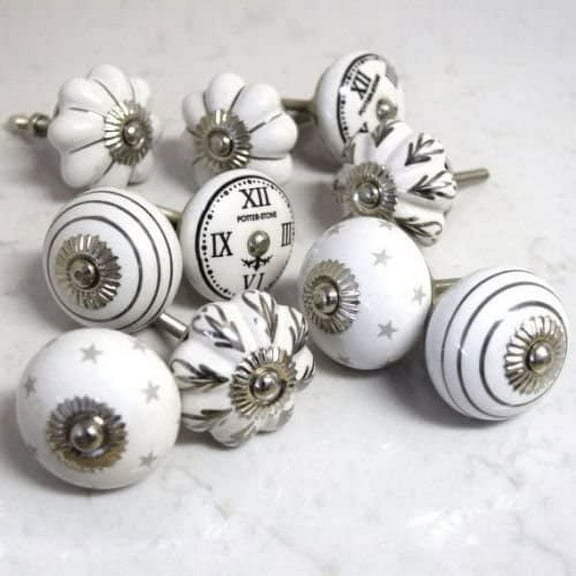 JGARTS 10 Knobs Grey & White Cream Hand Painted Ceramic Knobs Cabinet Drawer Pull Pulls New (10)