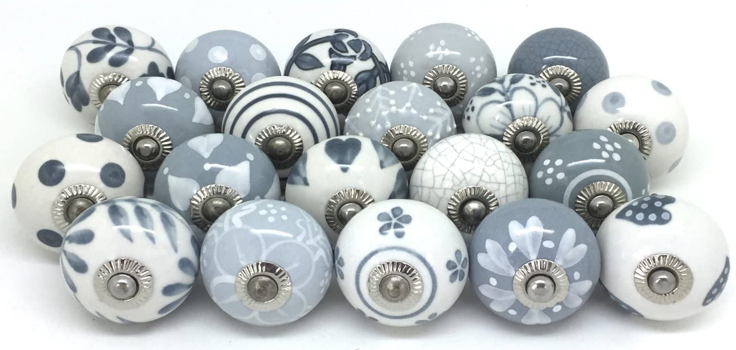 JGARTS 10 Knobs Grey & White Cream Hand Painted Ceramic Knobs Cabinet Drawer Pull Pulls New (10)