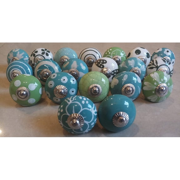 JGARTS 20 Aqua Blue Turquoise Green & White Cream Ceramic Pottery Door knobs Cabinet Handle Cupboard Pulls Drawer Puller knob