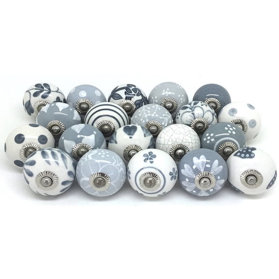 JGARTS 20 Knobs Grey & White Cream Hand Painted Ceramic Knobs Cabinet Drawer Pull Pulls