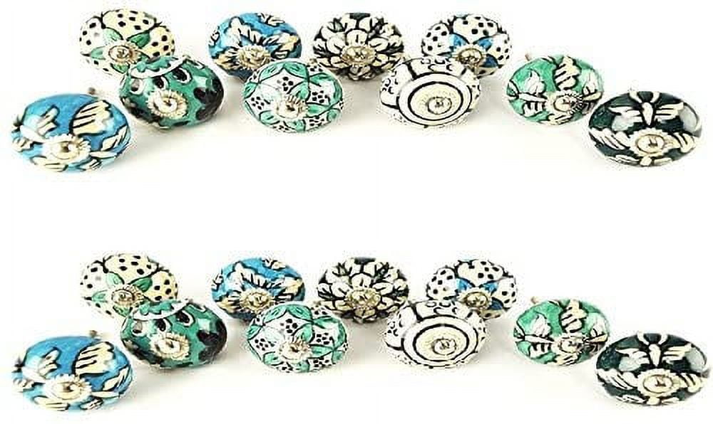 JGARTS 20 Ornate Aqua Blue Green Assorted Colour Floral Ceramic Knobs for Cabinets & Cupboards - Hand Painted Pulls