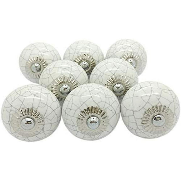 JGARTS Set of 8 Knobs White Cream Crackle Hand Painted Ceramic Knobs Cabinet Drawer Pull Pulls