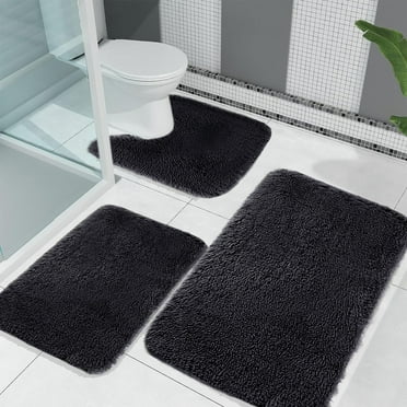 JGF844 Large Size Solid Color Bath Mats - 3-Piece Set of Soft and Good Water Absorbency Bathroom Rugs Black