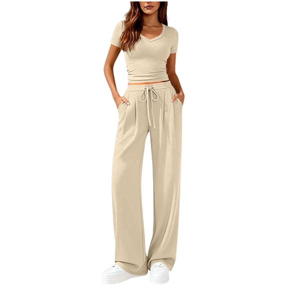 JGGSPWM 2 Piece Sets for Women Summer 2026 Spring Lounge Set Matching V Neck Tops Wide Leg Pants Travel Outfits Yellow S