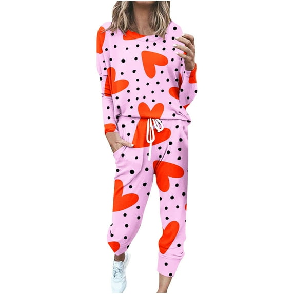 JGGSPWM 2 Piece Valentines Sweatsuits for Women Casual Active Wear Outfit Jogger Set CuteHeart Print Spring Fashion 2024 Matching Pajama Pjs Lounge Wear Pink S