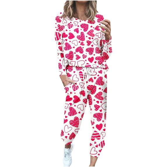 JGGSPWM 2 Piece Valentines Sweatsuits for Women Casual Active Wear Outfit Jogger Set CuteHeart Print Spring Fashion 2024 Matching Pajama Pjs Lounge Wear Pink S
