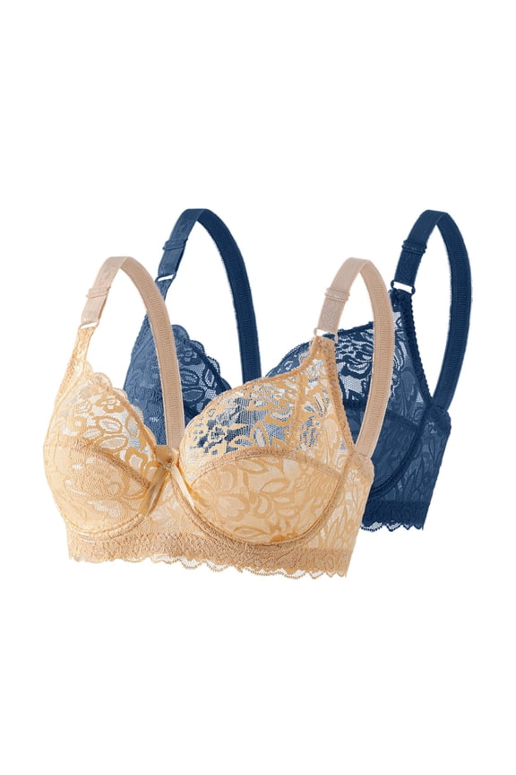 2PC Lingerie for Women's Lace Underwire Bra Sheer See Through Bras Unpadded Ultra Thin Clear Underwear Blue 38