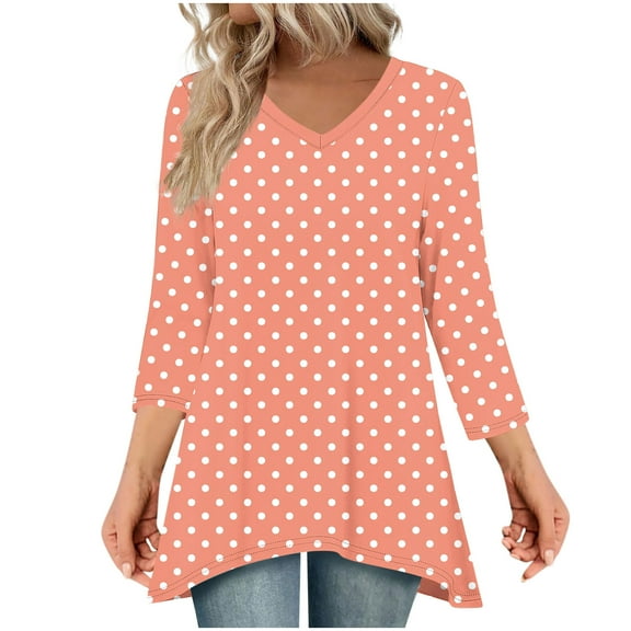 JGGSPWM 3/4 Sleeve Tunic Tops for Women Dressy Going Out Casual Blouse 2025 Fall Loose V Neck Flowy Polka Dots T-Shirts Orange M