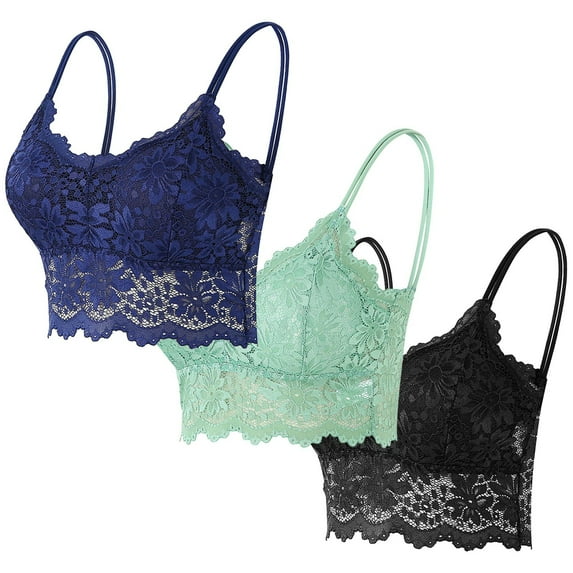 JGGSPWM 3PC Women Lace Bra Plunge Padded No Underwire Bralettes Camisole Solid Strap Wrap Hollow Out Bra Underwear Blue L