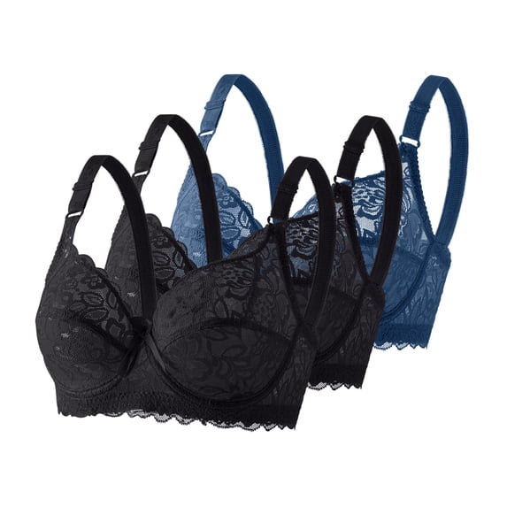 JGGSPWM 3pc Women's Solid Color with Steel Ring Lace Large Size Bra Gathered Ultra Thin Clear Underwear Breathable Bras Blue 40