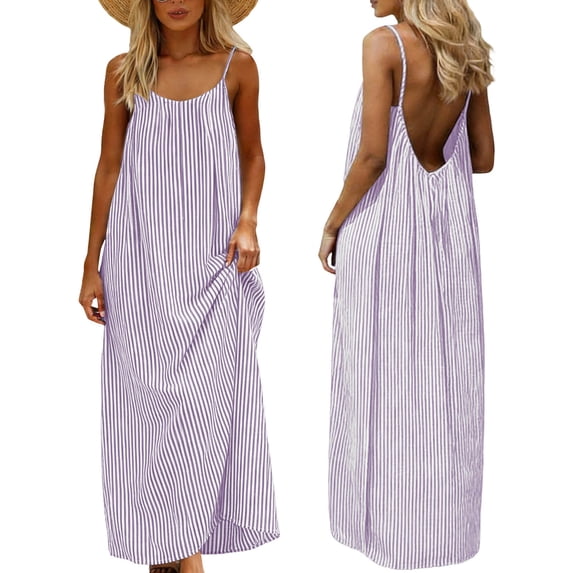 JGGSPWM Backless Dresses for Women Open Back Striped Sleeveless Sundress Loose Fit Back Tie Summer Beach Lounge Soft Cami Dress Purple L