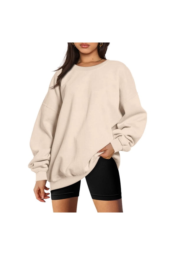 Basic Solid Fleece Lined Drop Shoulder Sweatshirt Oversized Premium Crewneck Long Sleeve Pullover Jumper Tops Essential Shirts Classic Fit Shirts Beige M