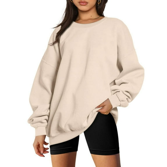 JGGSPWM Basic Solid Fleece Lined Drop Shoulder Sweatshirt Oversized Premium Crewneck Long Sleeve Pullover Jumper Tops Essential Shirts Classic Fit Shirts Beige L
