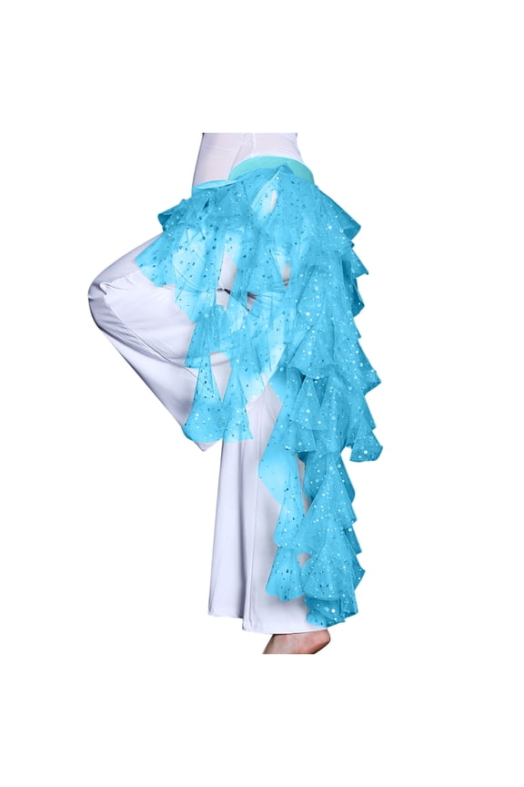 Belly Dance Hip Scarf Shiny Belly Dance Hip Scarf Mesh Waving Cut Triangle Skirt with Tassel Belt Blue Free Size