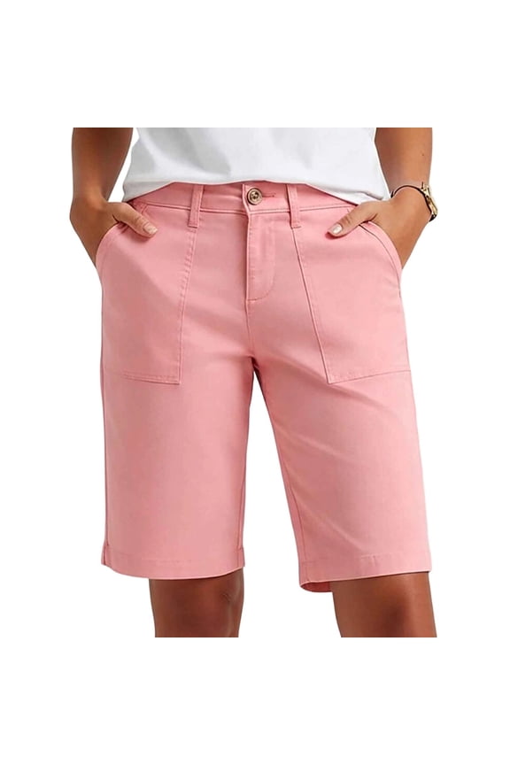 Bermuda Shorts for Women High Waisted Trendy Patch Pocket Stretch Casual Vintage Long Stretchy Denim Shorts Summer Jorts Pink M