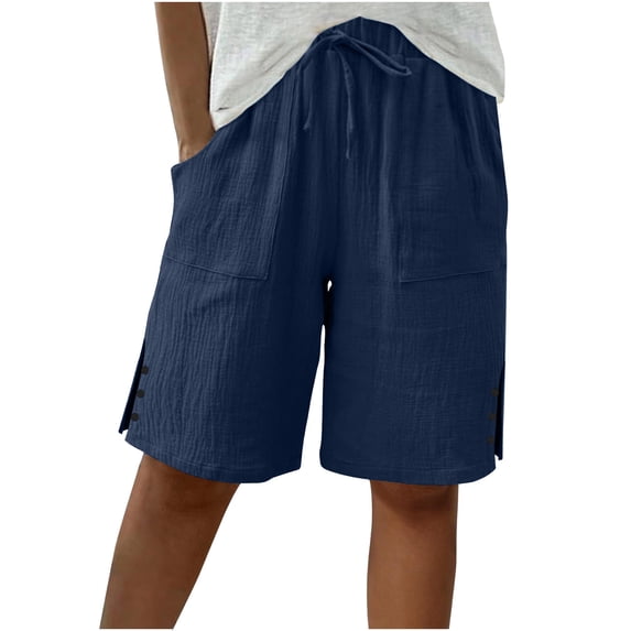 JGGSPWM Bermuda Shorts for Women Wide Leg Linen Knee Length Summer Solid Color Loose Casual Shorts With Pockets Side Slit Buttons Blue L
