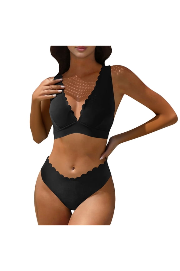 Bikini Set Two Piece for Women Fashion Wave Edge Racerback Bathing Suit Casual Solid Color Sporty Swimsuit Black M