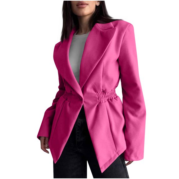 JGGSPWM Blazers for Women Long Sleeve Notch Lapel Pleated Waist Button Front Blazer Casual Work Office Suit Jackets Pink L