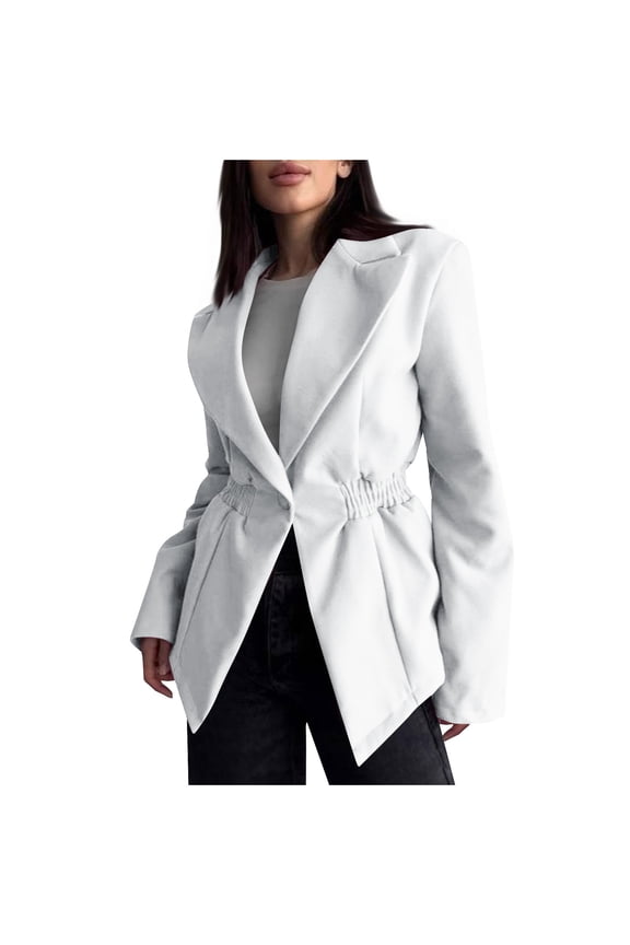 Blazers for Women Long Sleeve Notch Lapel Pleated Waist Button Front Blazer Casual Work Office Suit Jackets White XXL