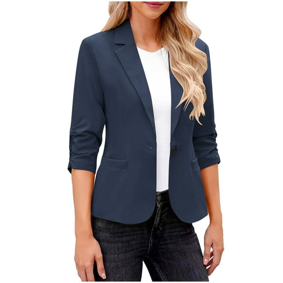 JGGSPWM Blazers for Women Solid Color Suit Jackets Dressy 3/4 Sleeve Blazer Business Casual Outfits for Work Blue XXL