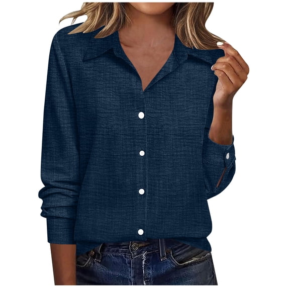 JGGSPWM Blouse for Women Dressy Long Sleeve Button Down Shirts Business Casual Outfit Lightweight Solid Color Tops Blue XL