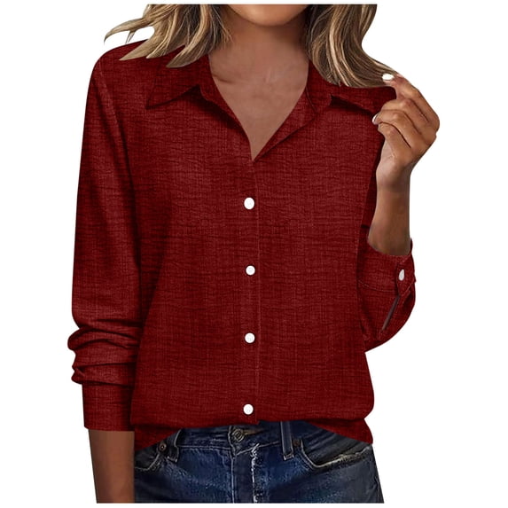 JGGSPWM Blouse for Women Dressy Long Sleeve Button Down Shirts Business Casual Outfit Lightweight Solid Color Tops Red S