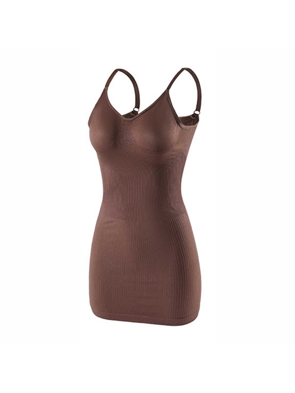 Body Shaper For Women Under Dress One Piece Full Slip Tummy Control Shapewear Dress With Adjustable Spaghetti Strap Brown XXL