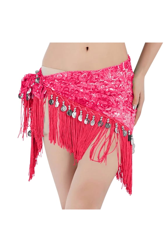Boho Belly Dance Hip Scarf for Women with Tassels Sequin, Sexy Triangle Coins Wrap Skirt Trendy Dancing Clothes Pink Free Size