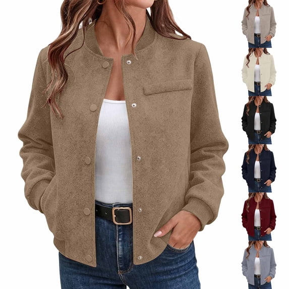 JGGSPWM Bomber Jacket for Women Casual Button Down Lightweight Fall Fashion Solid Long Sleeve Stand Collar Baseball Jacket with Pockets Red L