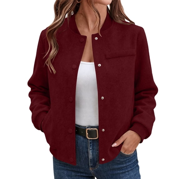 JGGSPWM Bomber Jacket for Women Casual Button Down Lightweight Fall Fashion Solid Long Sleeve Stand Collar Baseball Jacket with Pockets Red S
