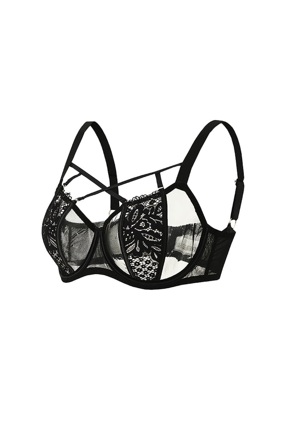 Bra for Women Sheer Mesh Unlined Underwire Bra Full Coverage See Through Lace Bra for Large Breast Black XXL(95F)