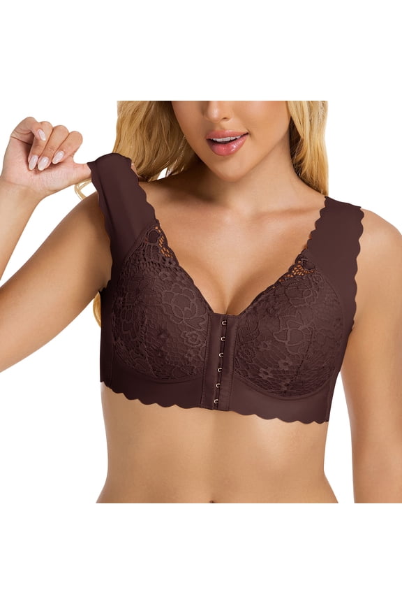 Bralettes for Women Front Closure Lace Bra for Women Wireless Comfort, Plus Size Push Up Thin Lingerie Underwear Brown XL