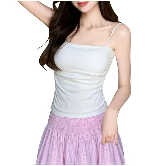 JGGSPWM Camisole Tops for Women Versatile Pleated Belt Chest Cushion Adjustable Spaghetti Strap Tank Tops Y2K Basic Shirts White M