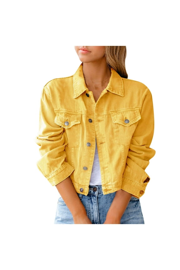 Candy Color Cropped Jean Jackets for Women Fashion Short Denim Shacket Jacket Lightweight Button Down Jacket Coat with Pockets Yellow M