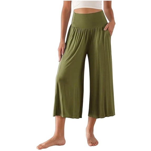 JGGSPWM Capri Pants for Women Low Rise Wide Leg Yoga Capris Summer Cute Going Out Flowy Pants Loungewear Trendy Streetwear Green S