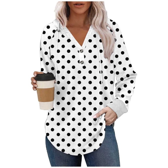 JGGSPWM Casual Hoodies for Women V Neck Drawstring Long Sleeve Polka Dots Sweatshirts Fall Pullover 2025 Winter Fashion Outfits White L