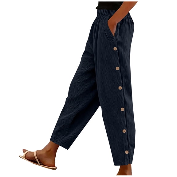JGGSPWM Casual Pants for Women Side Button Elastic Waist Fall Pant Straight Leg Lightweight Trousers with Pockets Blue S