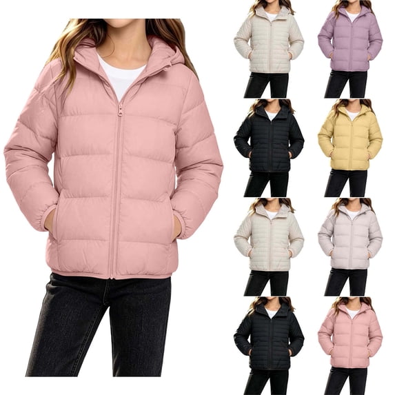 JGGSPWM Children's Cropped Puffer Jackets,Warm Winter Jacket with Hood, Waterproof, Windproof,Zipped Pockets,Short Parkas Quilted Coat Black 9-10 Years