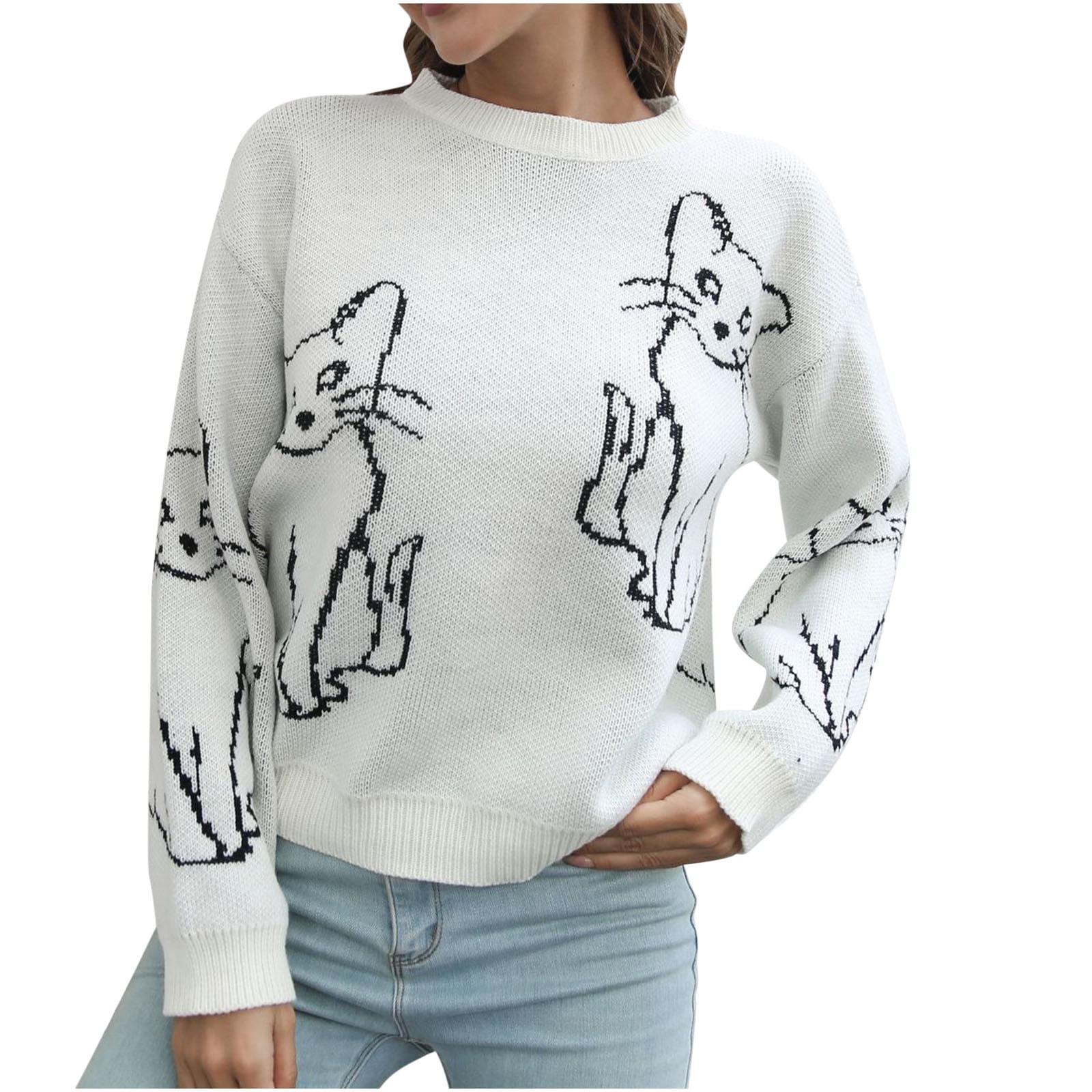 JGGSPWM Clearance Women's Cat Print Sweaters Long Sleeve Cute Pullover