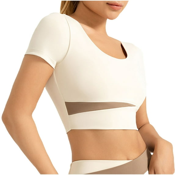 JGGSPWM Color Block Patchwork Yoga Cropped High Waisted Workout Tops Fitness Tees for Women White S