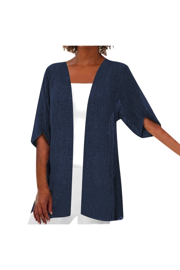 Cotton Linen Cardigans for Women Loose Casual Long Sleeved Open Front Breathable Cardigans Navy M