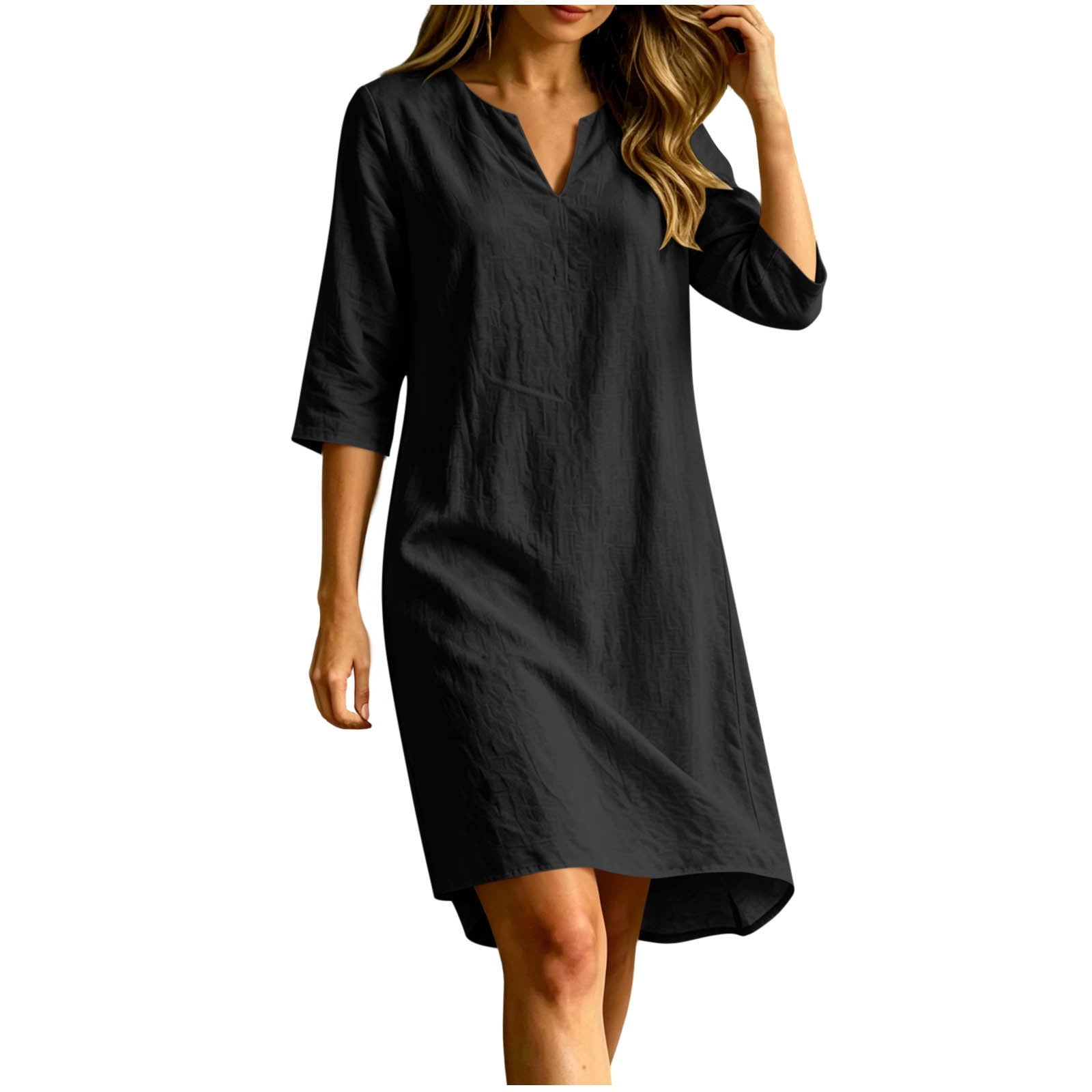 JGGSPWM Cotton Linen Dresses for Women Fashion Lightweight 3/4 Sleeve Shift Dress Knee Length V Neck Summer Casual Beach Dress Black XXL