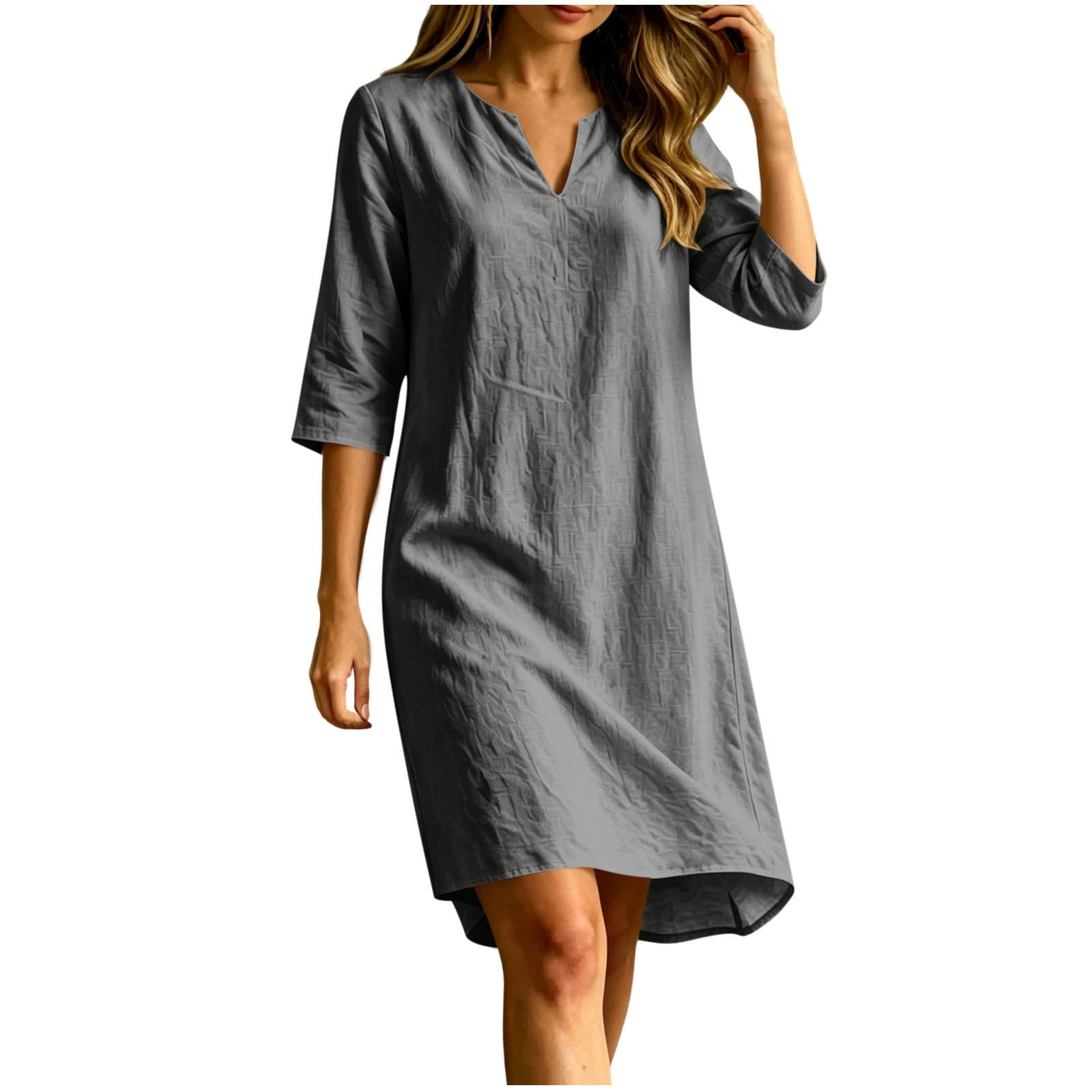 linen shift dress knee length JGGSPWM Cotton Dresses for Women Fashion Lightweight 3/4 Sleeve V Neck Summer Casual Beach Dress Gray XL Halter Midi