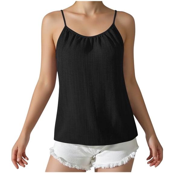 JGGSPWM Cotton Linen Tank Tops for Women Spaghetti Strap Sleeveless Camisole Summer Loose Fit Lightweight Gauze Shirts Black S