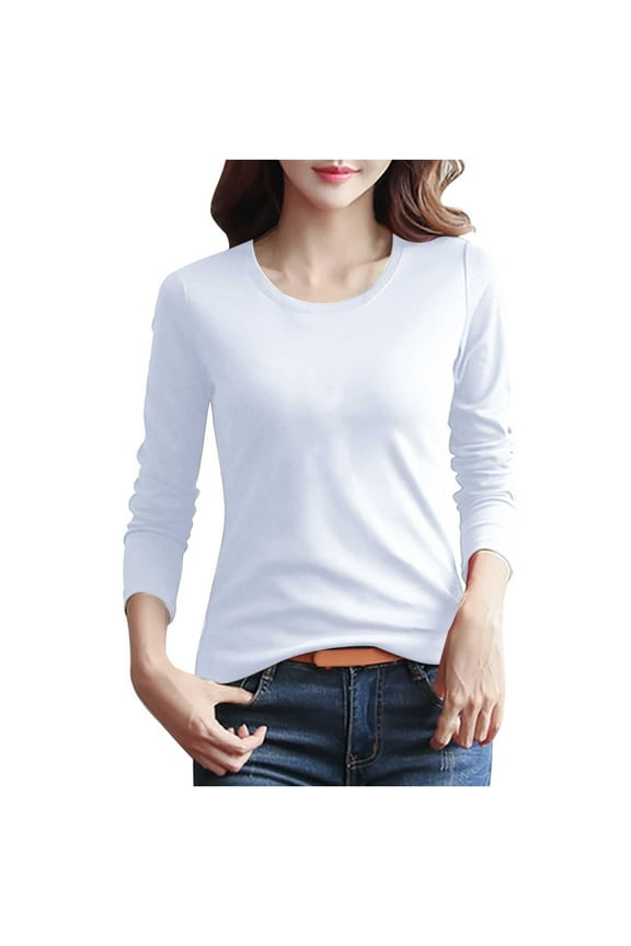 Cotton Long Sleeve Tee Shirts for Women Tight Crew Neck Tshirt Tops Basic Layering Undershirts Slim Fit White M