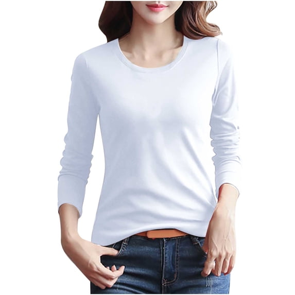JGGSPWM Cotton Long Sleeve Tee Shirts for Women Tight Crew Neck Tshirt Tops Basic Layering Undershirts Slim Fit White XXL
