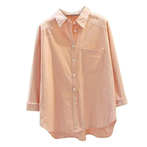JGGSPWM Cotton Shirts for Women with Pockets Long Sleeve Button Down Oversized Tshirts Ladies Work Tops Clothes Pink 2XL