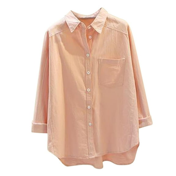 JGGSPWM Cotton Shirts for Women with Pockets Long Sleeve Button Down Oversized Tshirts Ladies Work Tops Clothes Pink XL