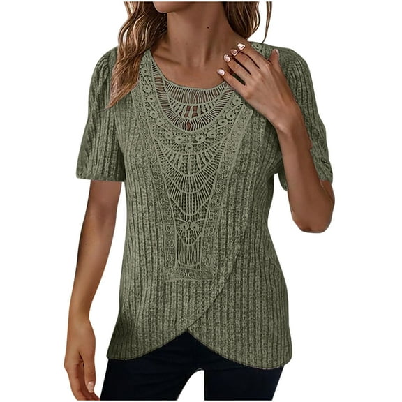 JGGSPWM Crochet Shirt Sweater Short Sleeve Hollow Out Vintage Tunic Tops Casual Knit Sweaters Lace Blouses for Women Army Green M
