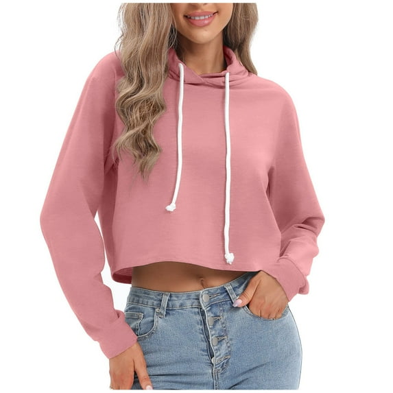 JGGSPWM Crop Sweatshirts for Women Basic Solid Pullover Long Sleeve Crewneck Hoodie Sweaters Fall Fashion Essential Hoody Tops Pink XXL